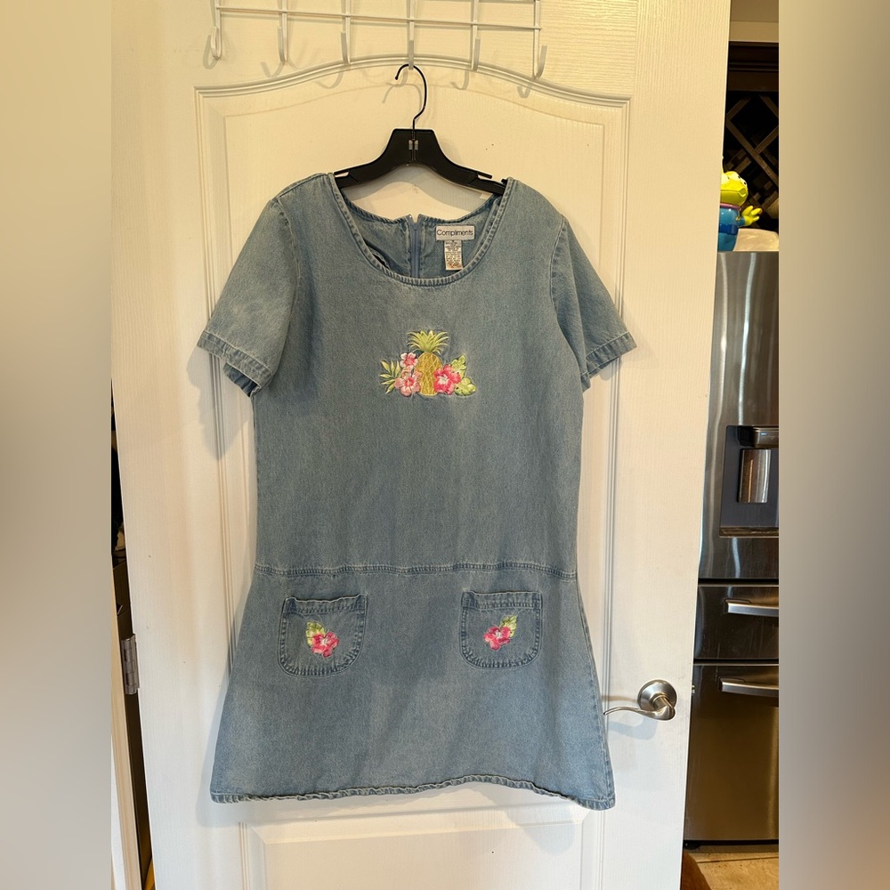 Compliments vintage denim pineapple embroidered cotton denim dress size 16